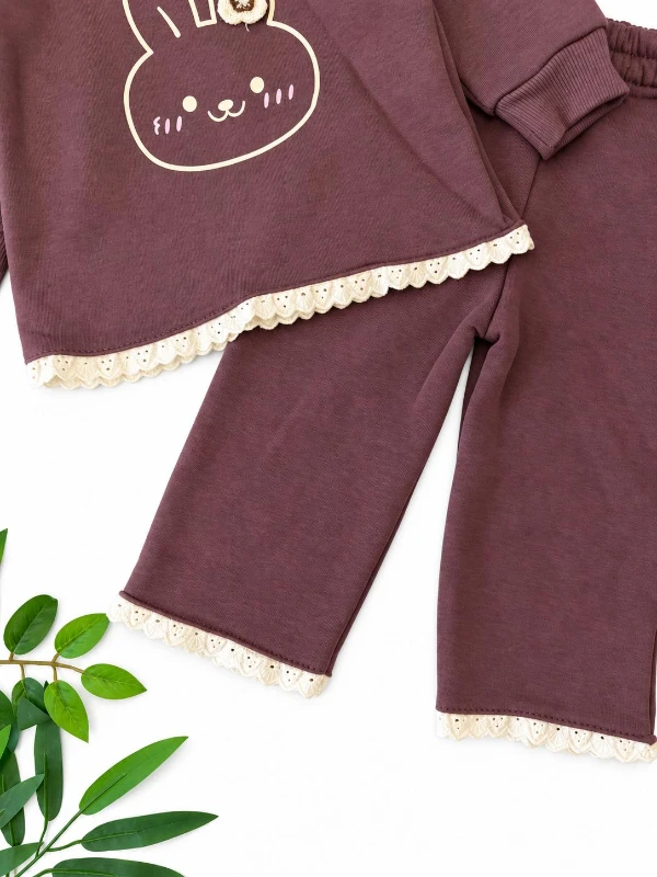 Kız Bebek Tavşan Baskılı Fırfır ve Dantel Detaylı Sweatshirt Pantolon 2’li Takım - MÜRDÜM