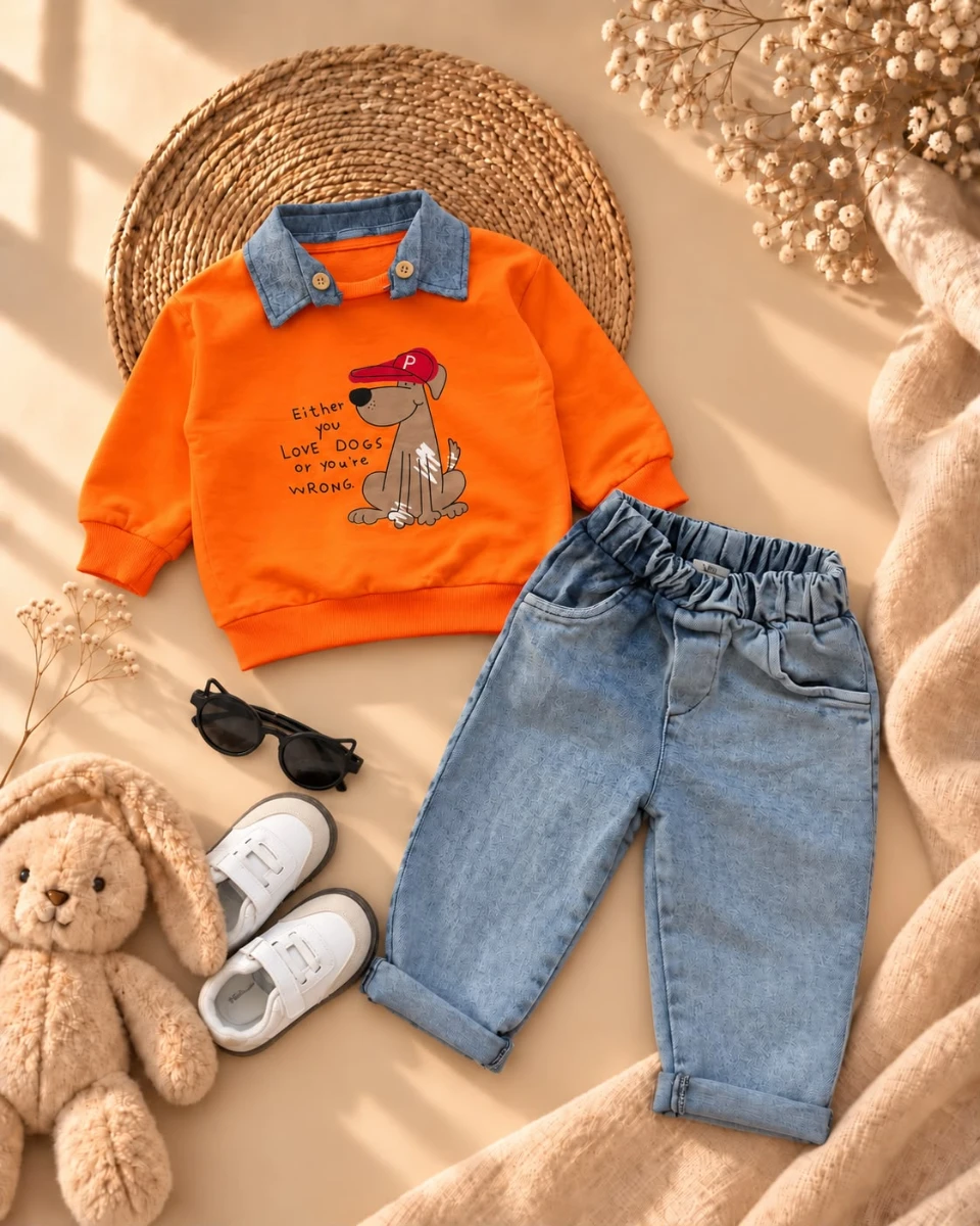 Erkek Bebek Köpek Baskılı Çıkarılabilir Yakalı Sweatshirt ve Kot Pantolon 2’li Takım - TURUNCU