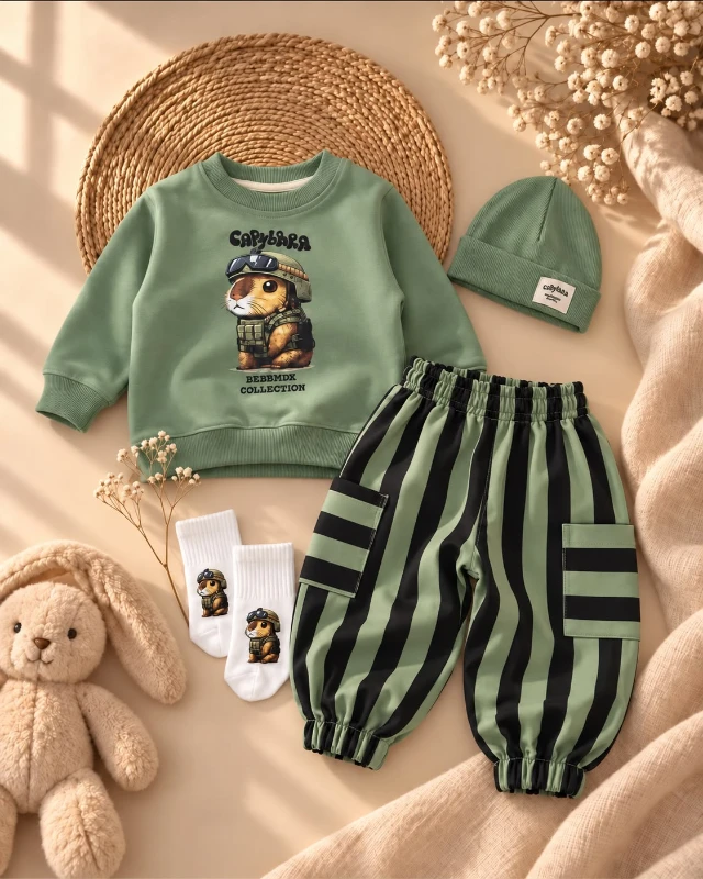 Erkek Bebek Baskılı Sweatshirt Pantolon Bere Çorap 4’lü Takım - YEŞİL