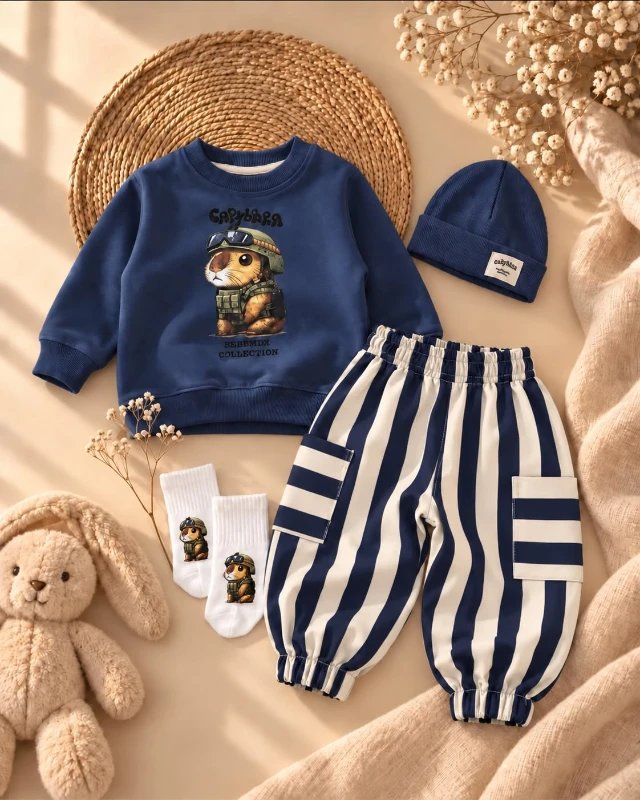 Erkek Bebek Baskılı Sweatshirt Pantolon Bere Çorap 4’lü Takım - LACİVERT