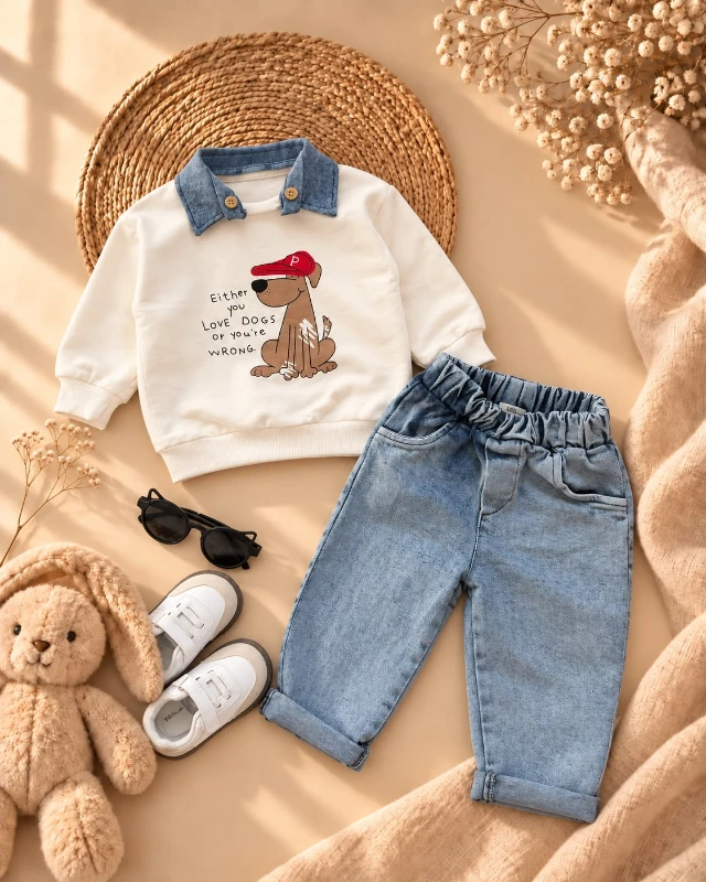 Erkek Bebek Köpek Baskılı Çıkarılabilir Yakalı Sweatshirt ve Kot Pantolon 2’li Takım - BEYAZ