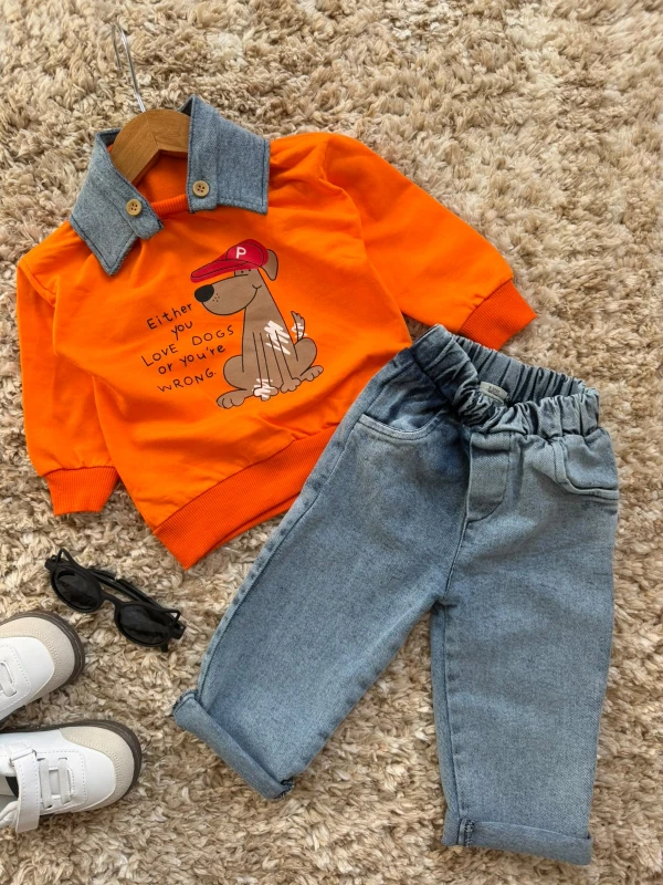 Erkek Bebek Köpek Baskılı Çıkarılabilir Yakalı Sweatshirt ve Kot Pantolon 2’li Takım - TURUNCU
