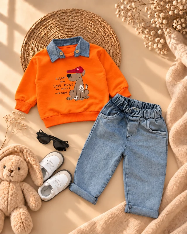 Erkek Bebek Köpek Baskılı Çıkarılabilir Yakalı Sweatshirt ve Kot Pantolon 2’li Takım - TURUNCU
