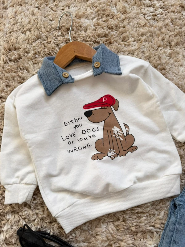 Erkek Bebek Köpek Baskılı Çıkarılabilir Yakalı Sweatshirt ve Kot Pantolon 2’li Takım - BEYAZ