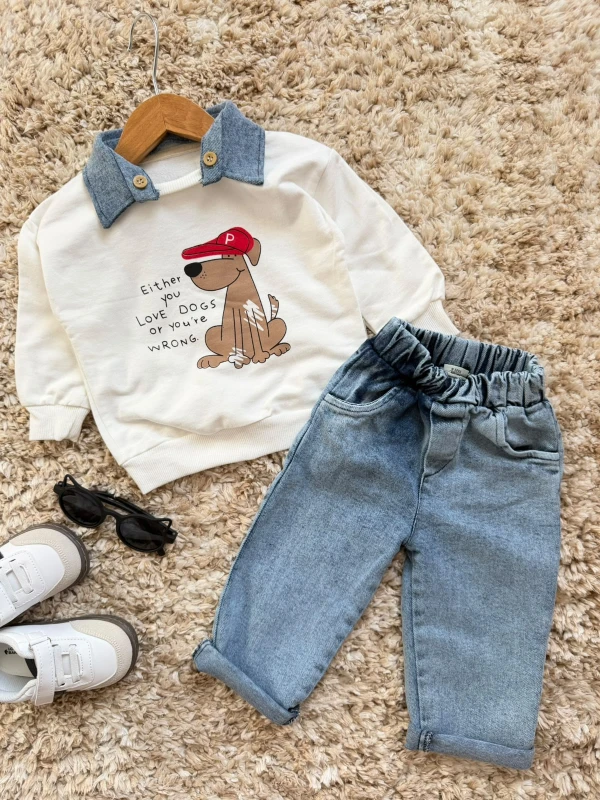 Erkek Bebek Köpek Baskılı Çıkarılabilir Yakalı Sweatshirt ve Kot Pantolon 2’li Takım - BEYAZ