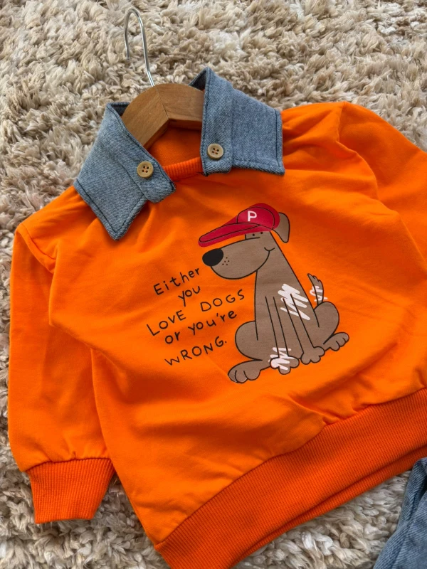 Erkek Bebek Köpek Baskılı Çıkarılabilir Yakalı Sweatshirt ve Kot Pantolon 2’li Takım - TURUNCU
