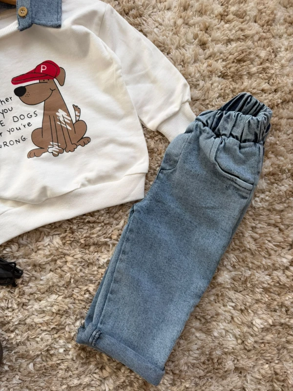 Erkek Bebek Köpek Baskılı Çıkarılabilir Yakalı Sweatshirt ve Kot Pantolon 2’li Takım - BEYAZ